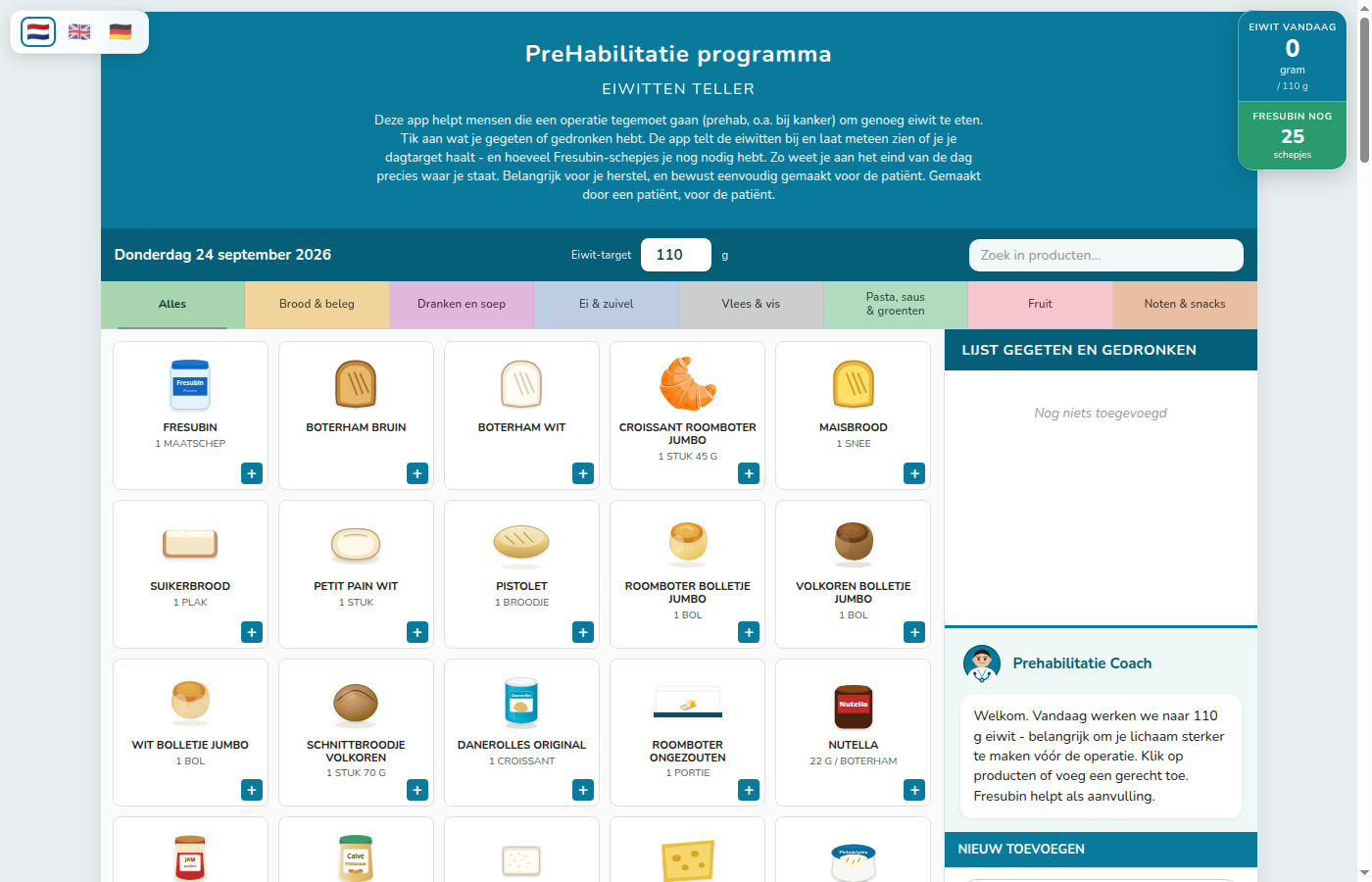 App-scherm met genummerde plekken: 1 teller, 2 target, 3 categorieën, 4 producten, 5 eetlijst