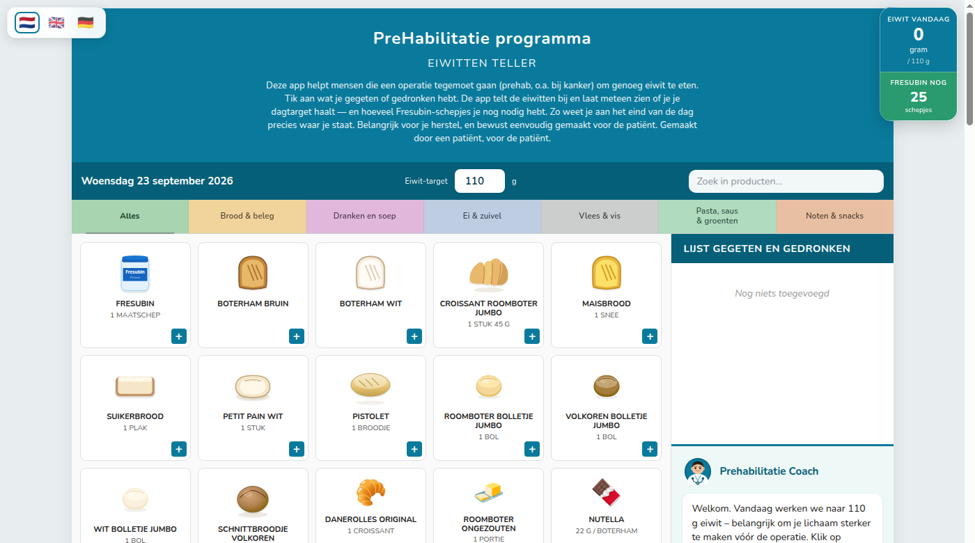 Screenshot van de PatientBuild eiwitteller - echte app